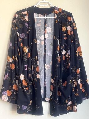 Free People Black Floral Kimono Top with Orange & Purple Blooms